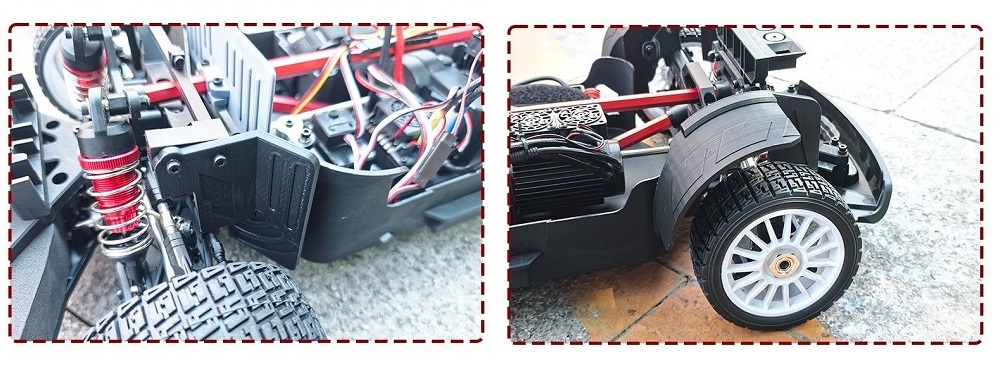 MJX Hyper Go 7304 RC car fender liner and suspension detail, close-up of installed upgrade protection parts